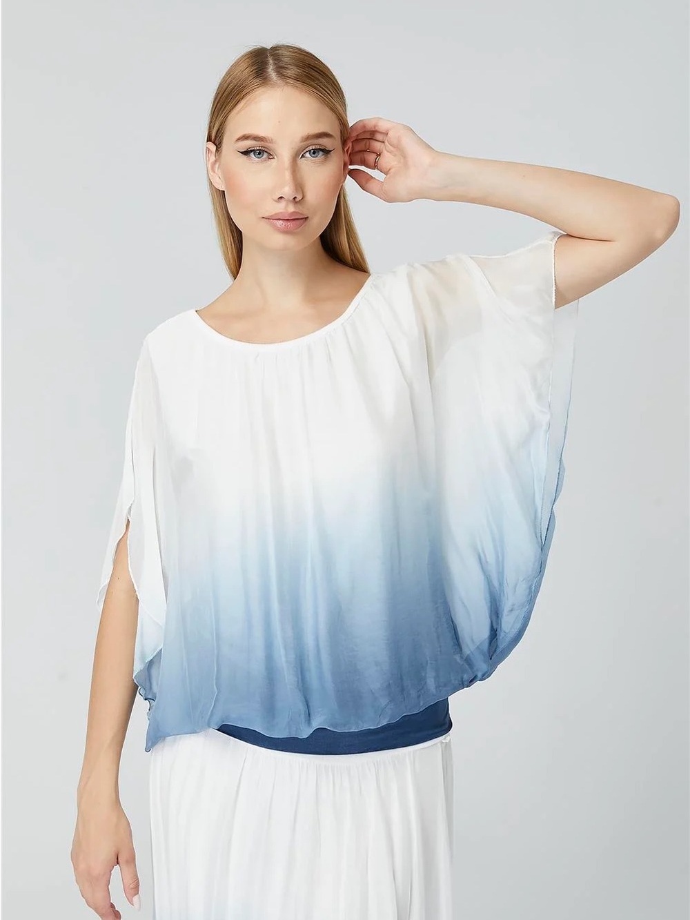100% SILK Ombre White to Blue Blouson Tunic - Unbranded